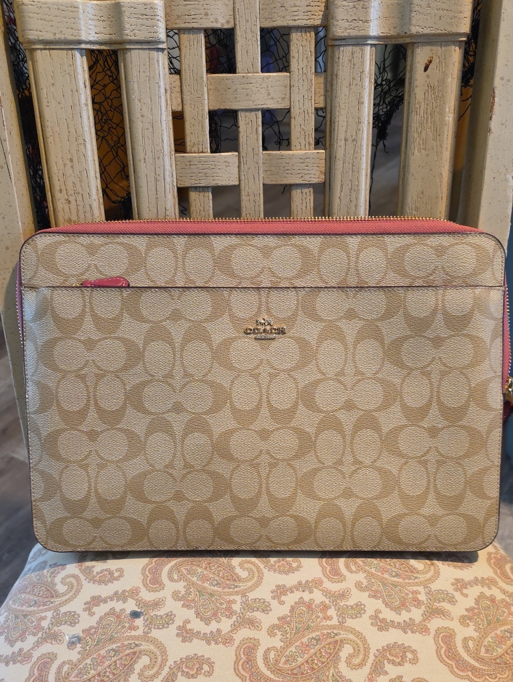Coach Khaki Signature Canvas Tablet Sleeve with Pink Trim